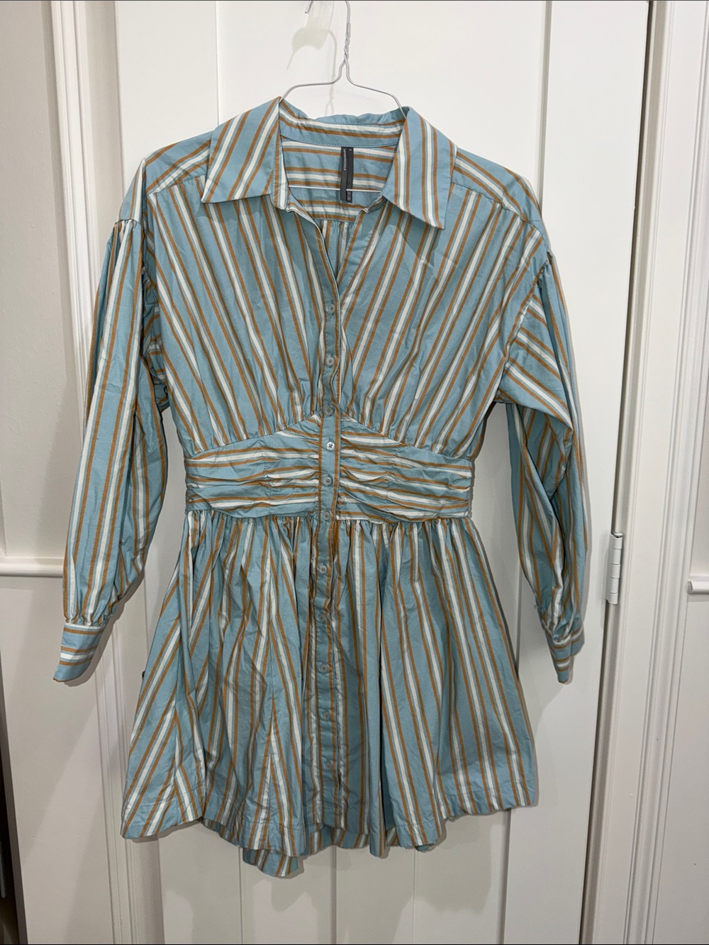 Anthropologie Women’s Striped Blue and Tan Button-Front Dress